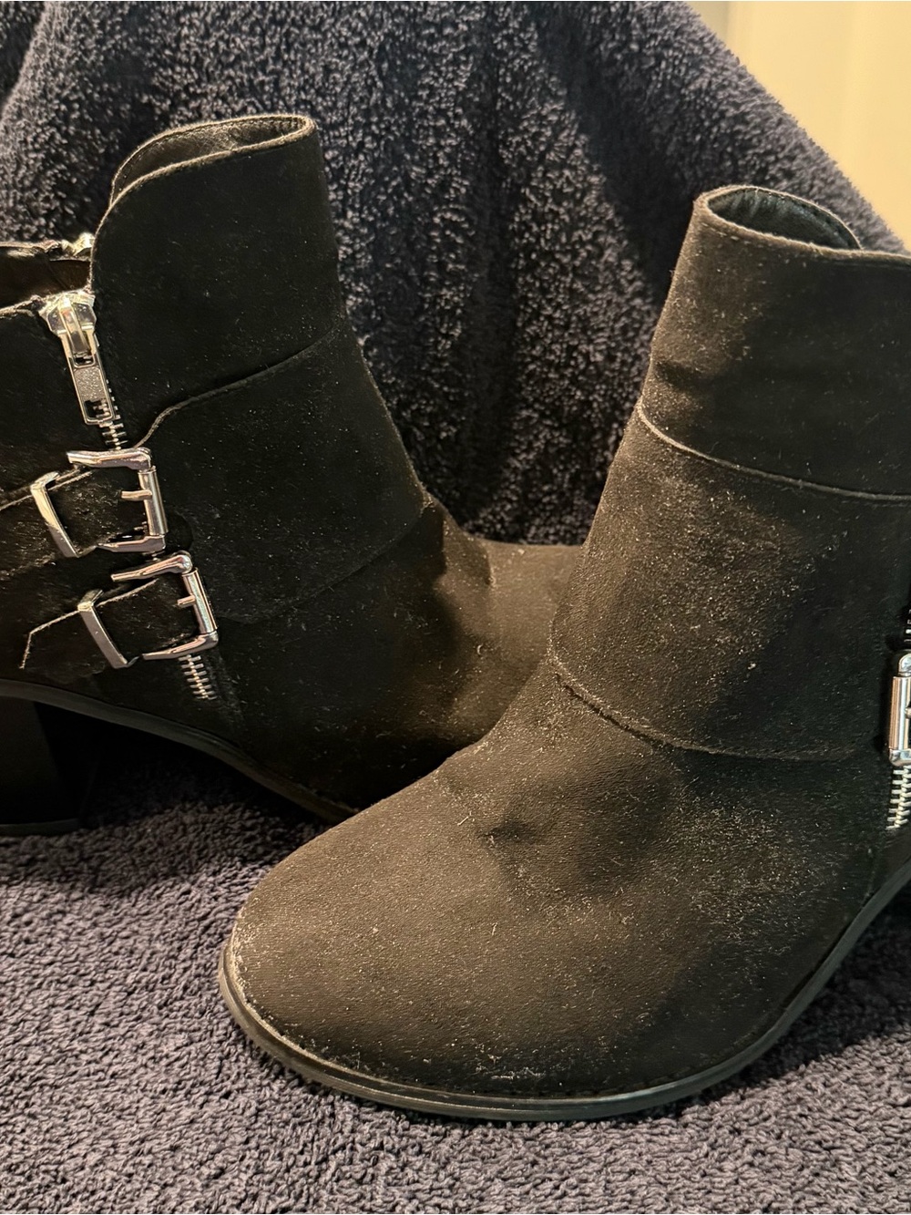 Black Suede Ankle Booties with Buckle Accent